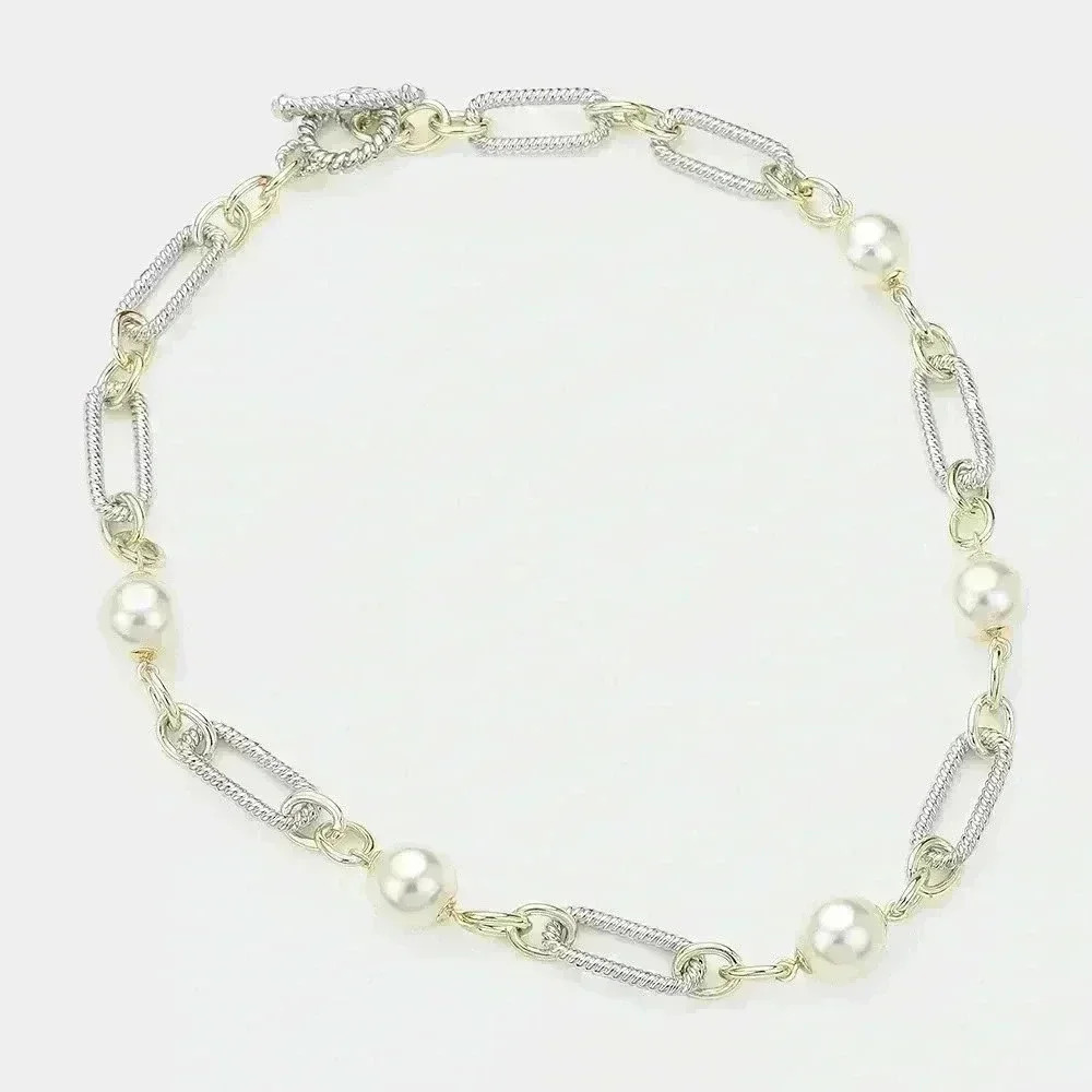 14K Gold Two Tone Chain Pearl Link T Bar Necklace